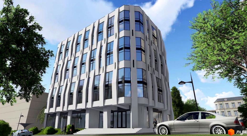 Клубний будинок ParkLake: будівля зі світлим фасадом та вертикальними хвилястими елементами, оточена зеленими насадженнями та деревами.