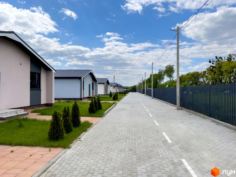 Котеджне містечко Millennium House: ряд одноповерхових будинків з сірими дахами та доглянутою прибудинковою територією з газонами та туями.