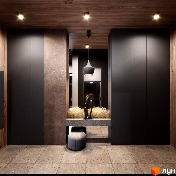 Інтер'єр холу в ЖК PRAUD select з великими шафами, підвісним світильником та декоративними елементами. Просторий хол з оздобленням з дерева та каменю.