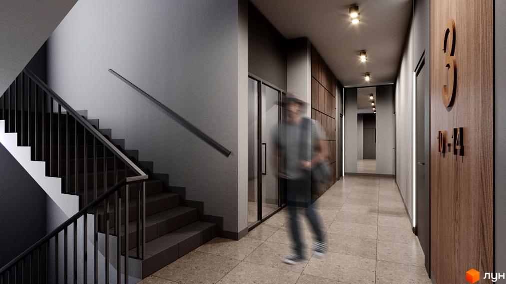 Інтер'єр коридору в ЖК PRAUD select з сходами, дверима та оздобленням з дерева. На стіні табличка з номером квартири.