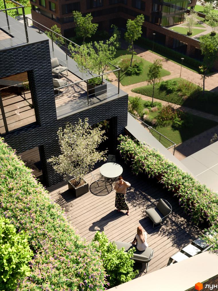 Зображення сторінки житлового комплексу MAVERICK. Висотна будівля з терасами та озелененням. На території є столики, крісла та рослини.