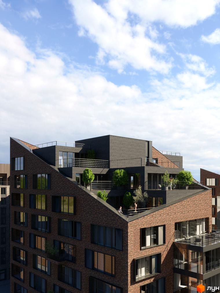 Житловий комплекс MAVERICK: багаторівнева будівля з темної цегли, терасами та озелененням на даху.