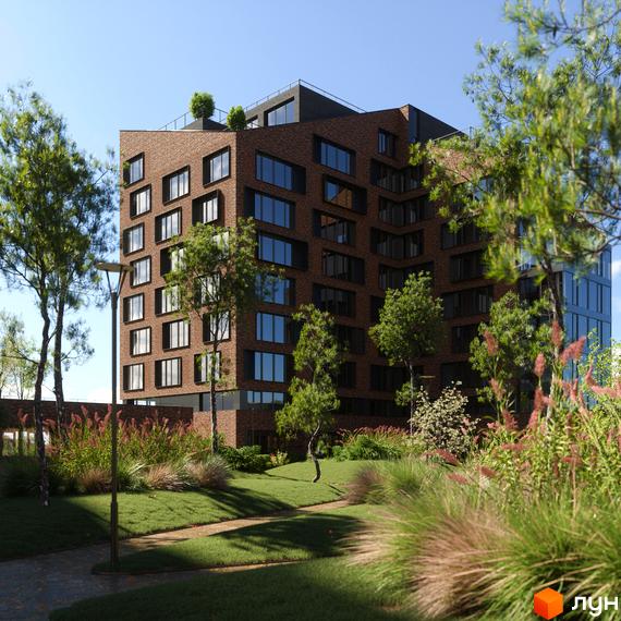 Висотна будівля ЖК MAVERICK з цегляним фасадом та панорамними вікнами. На території комплексу зелені насадження та доріжки для прогулянок.