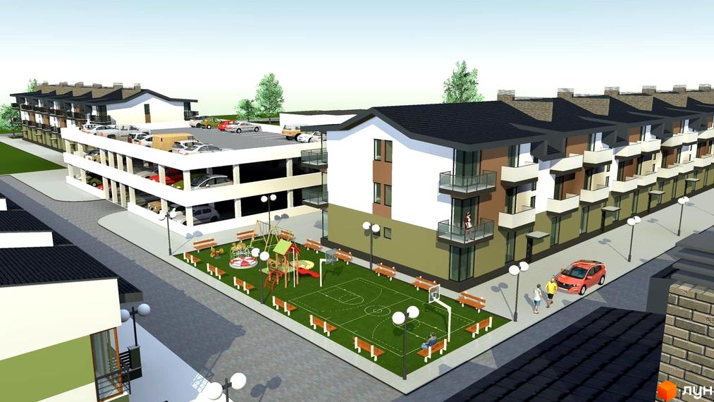 Житловий комплекс Тарас Шевченко: фасади будинків з балконами, багаторівневий паркінг та дитячий майданчик з баскетбольним полем.