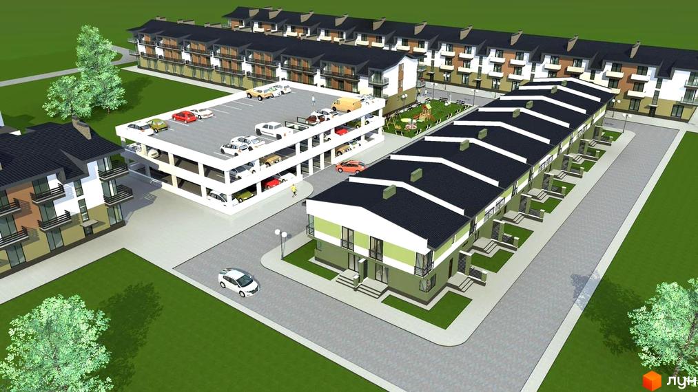 Житловий комплекс Тарас Шевченко. Зовнішній вигляд будинків та багатоповерховий паркінг з автомобілями на території.