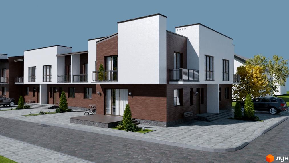 Житловий комплекс на вул. Шевченка, 116б: двоповерхові будинки з білими та коричневими фасадами, балконами, бруківкою та озелененою територією.