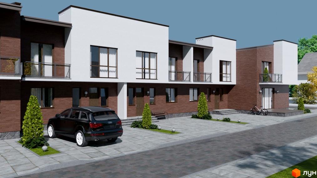 Ряд двоповерхових будинків з комбінованими фасадами, балконами та великими вікнами. Прибудинкова територія з бруківкою, озелененням та парковкою.
