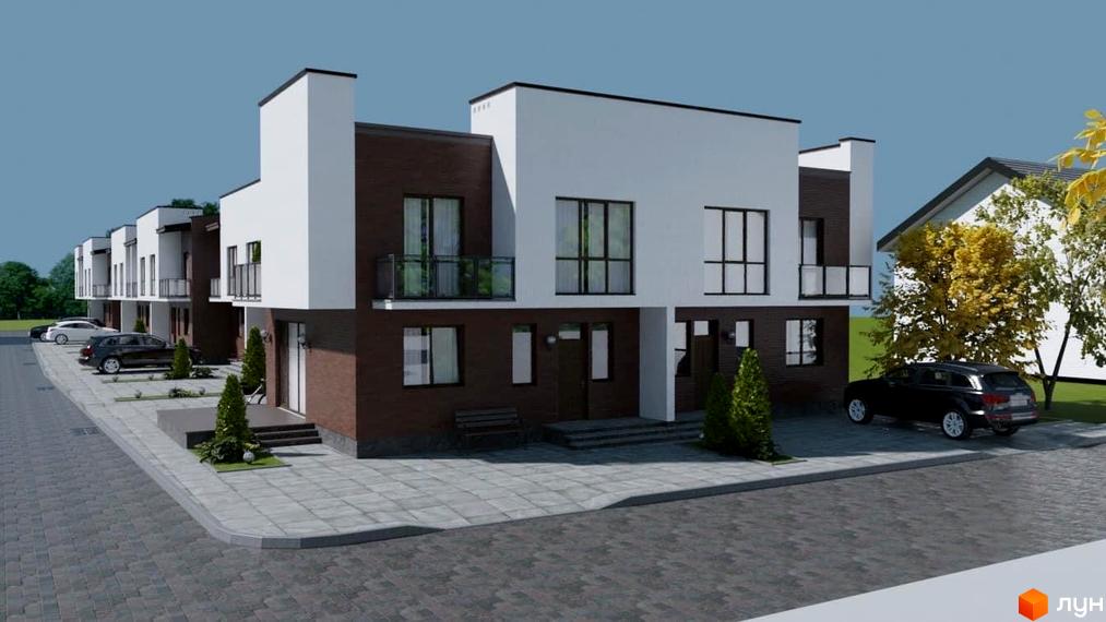 Ряд двоповерхових новобудов з темно-коричневими та білими фасадами, балконами. Прибудинкова територія має бруківку та озеленення.