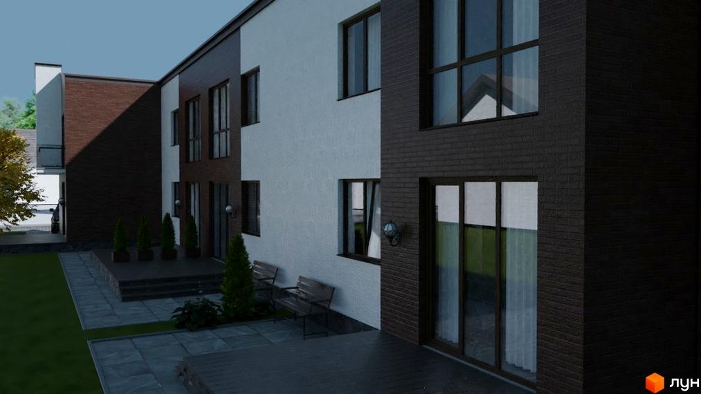 Будинок з фасадом з темної цегли та білої штукатурки, з великими вікнами. Прибудинкова територія має газон, мощені доріжки та зелені насадження.