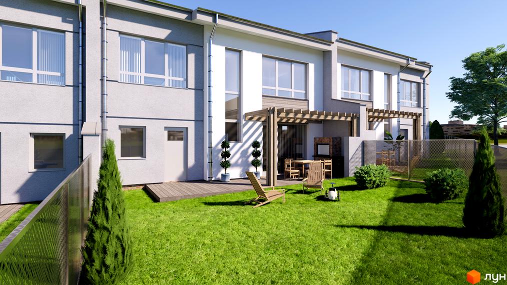 Зображення таунхаусу „Пронятин“ з білими стінами, великими вікнами та терасою. На прибудинковій території газон, дерева та зона відпочинку.