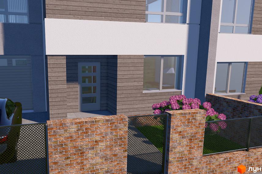 Таунхаус „Пронятин“ з комбінованим фасадом: дерев'яні панелі та біла штукатурка. Перед будинком цегляний паркан та бузкові квіти.