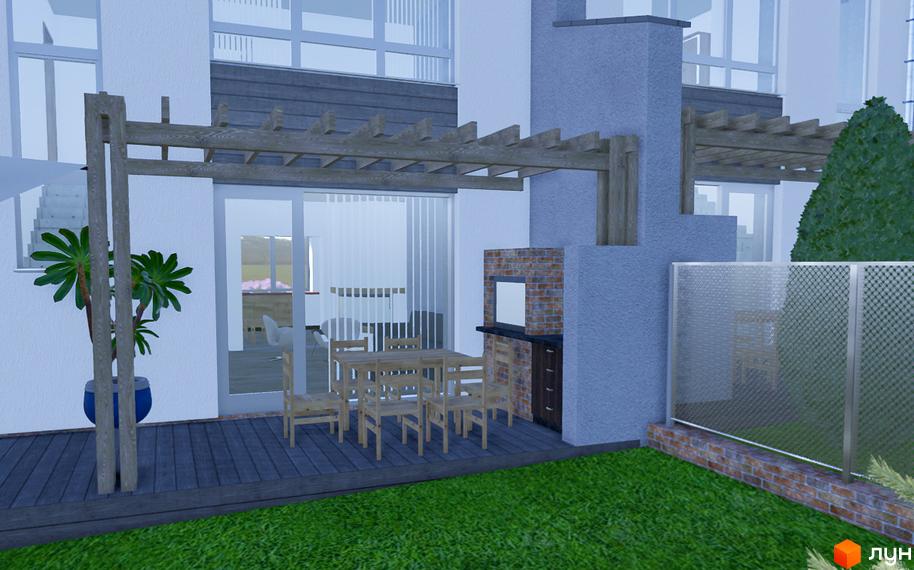 Зображення сторінки житлового комплексу. Таунхаус з терасою, зоною барбекю та газоном.