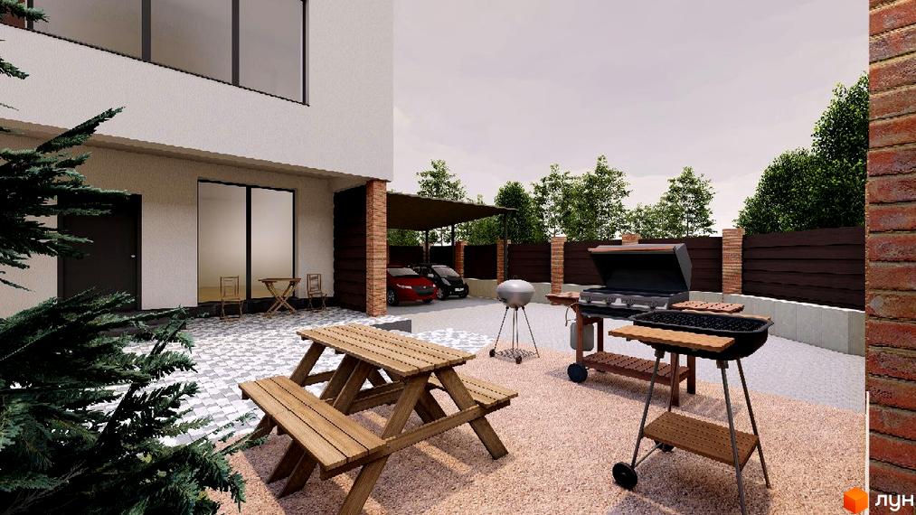 Зовнішній вигляд таунхаусу з терасою та зоною барбекю. На території розташовані столи, мангали та зелені насадження.