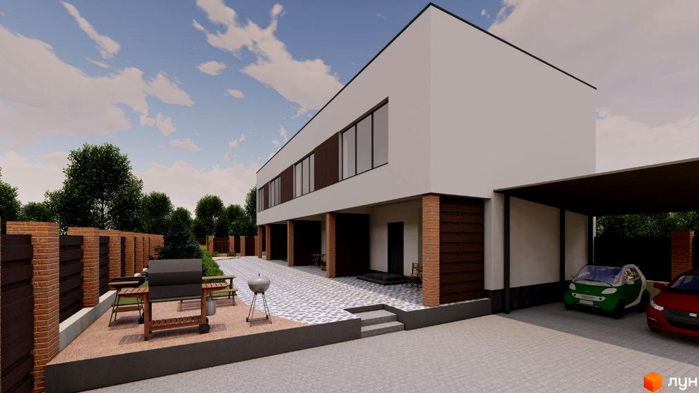 Зовнішній вигляд таунхаусів на Станичній: білий фасад з великими вікнами, тераса з зоною барбекю та парковка для авто.