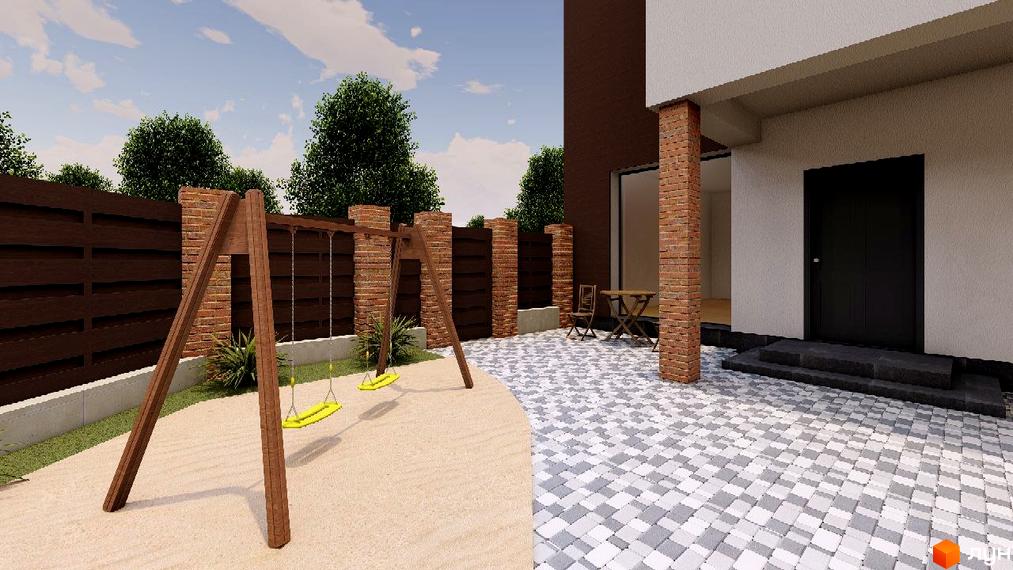 Зовнішній вигляд будинку з темними дверима та терасою, поруч дитячий майданчик з піском та гойдалками на території Котеджного комплексу.