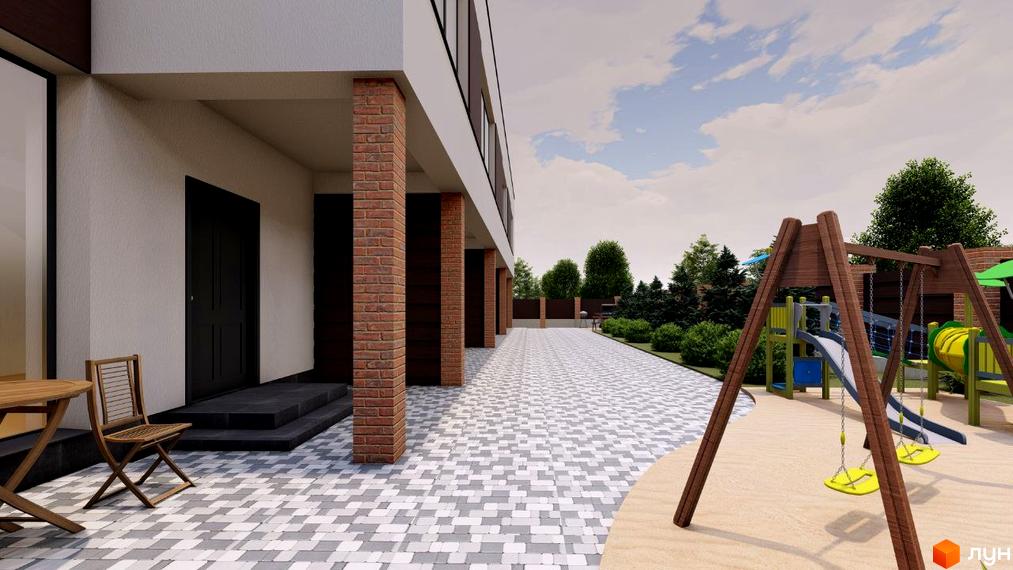 Зовнішній вигляд будинку з терасою та колонами з червоної цегли. На прибудинковій території дитячий майданчик та бруківка.