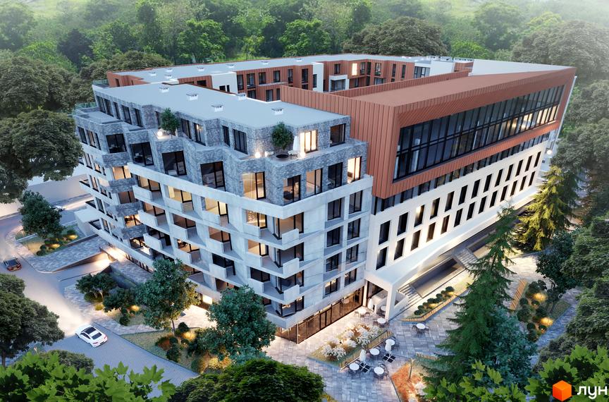 Висотна будівля ЖК 111 Зелена з фасадом у світлих тонах, поруч зелені насадження та зона відпочинку з терасою.