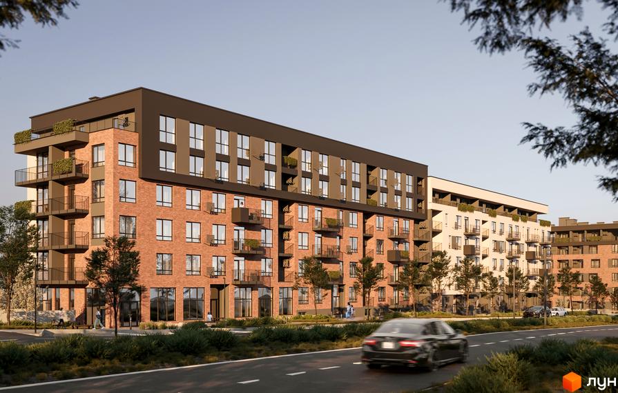 Житловий комплекс Roksolana: багатоповерхові будинки з цегляним фасадом та балконами, оточені зеленню.