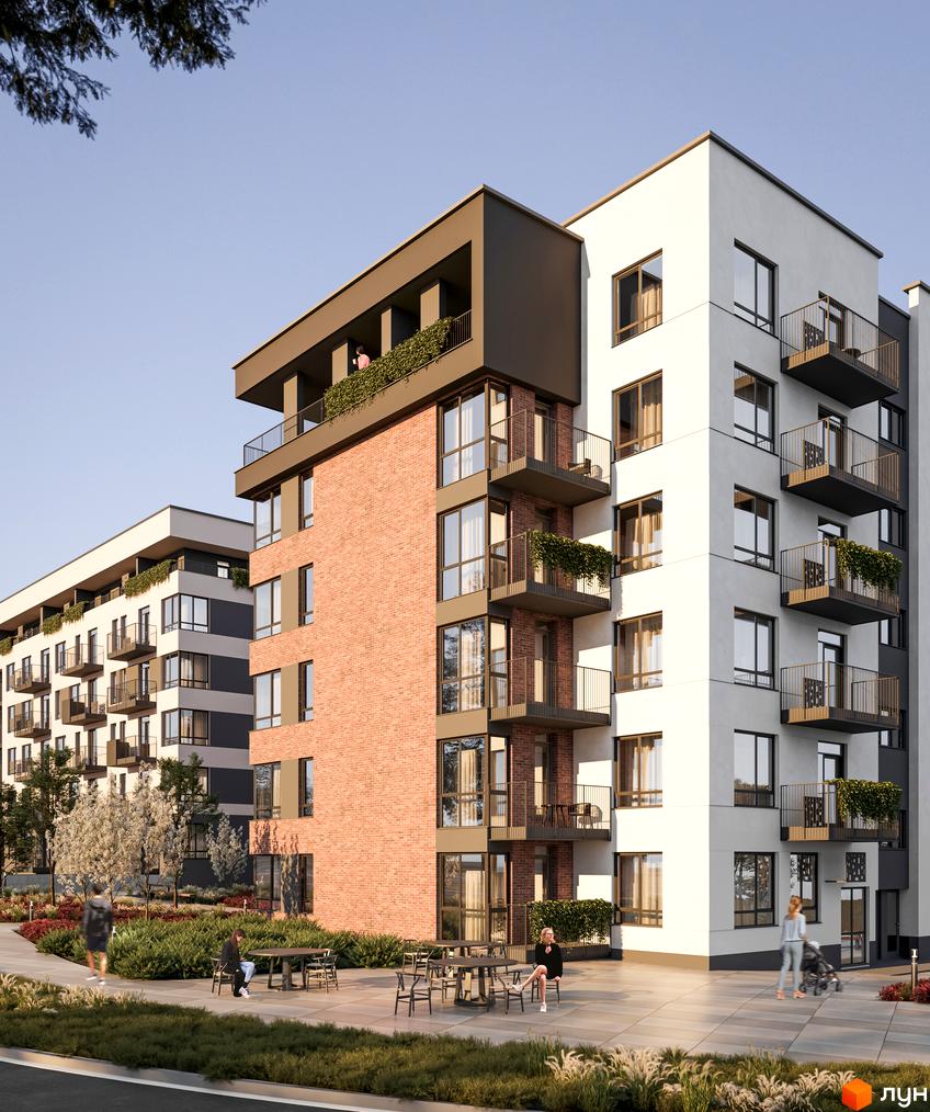 Житловий комплекс Roksolana: будинки з білими та цегляними фасадами, балконами з рослинами. Озеленена територія з доріжками та зонами відпочинку.