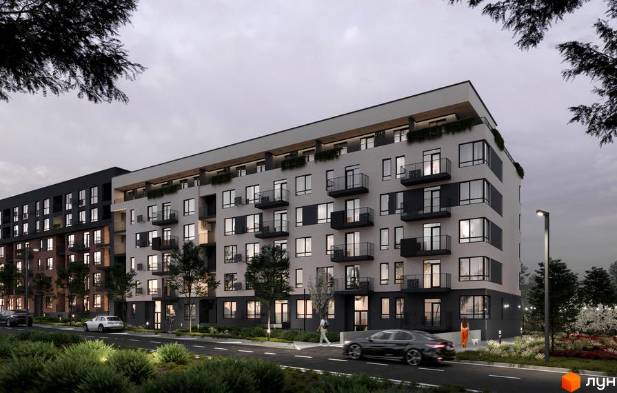 Житловий комплекс Roksolana має світлий фасад з темними віконними рамами та балконами. Перед будинком розташована дорога, зелені насадження та освітлення.