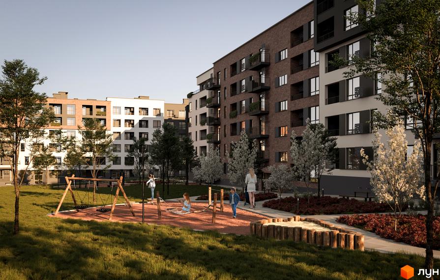 Житловий комплекс Roksolana з цегляним та білим фасадом, балконами та дитячим майданчиком з пісочницею.