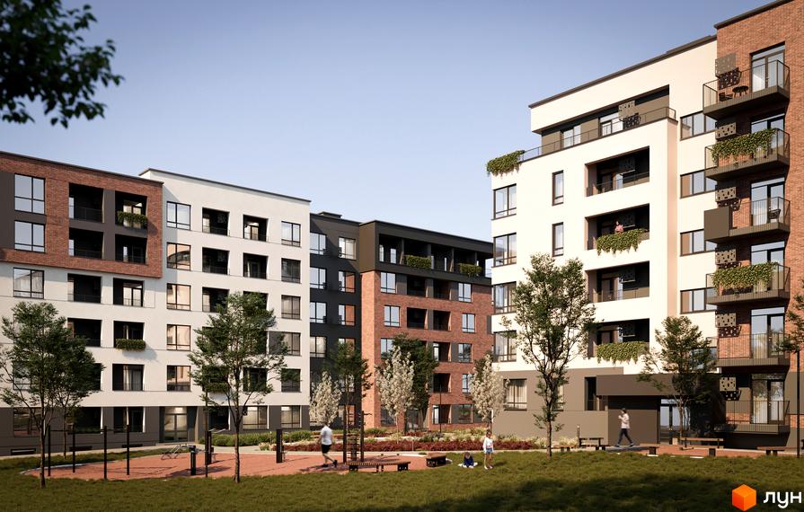 Житловий комплекс Roksolana: фасади будівель з цегляними та білими елементами, балкони з зеленню, внутрішній двір з дитячим майданчиком та зонами відпочинку.