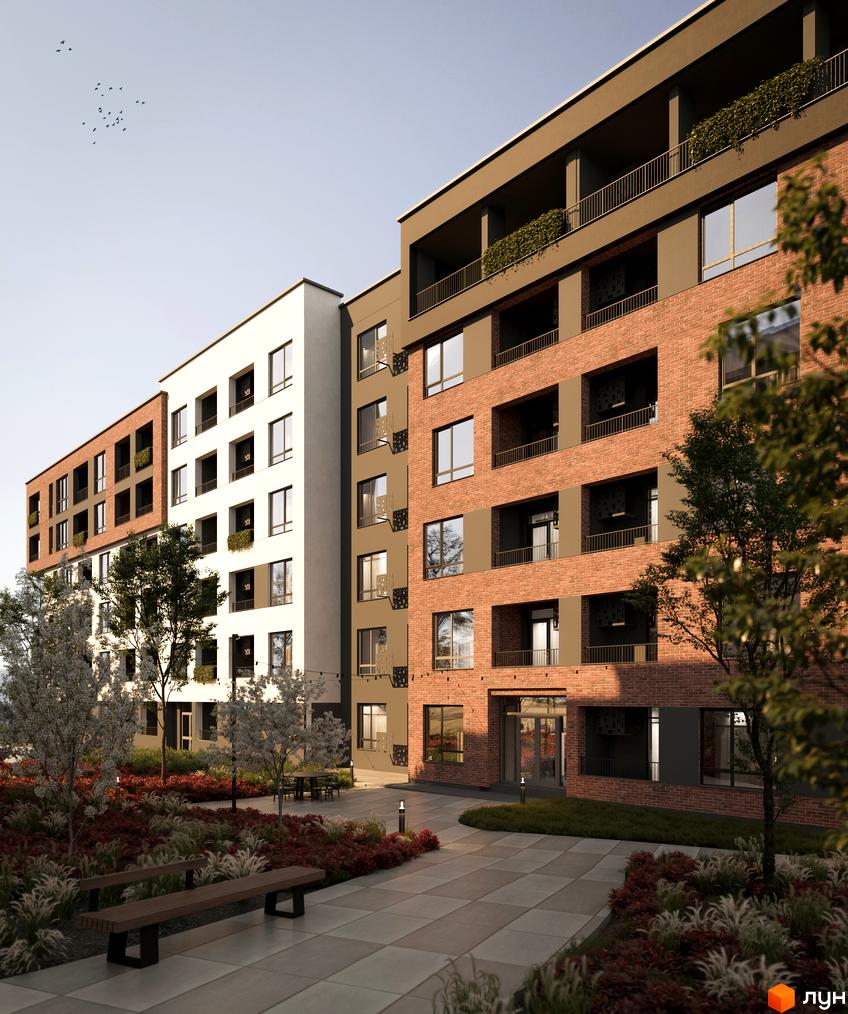 Житловий комплекс Roksolana: фасади з цегляним оздобленням та білою штукатуркою, балкони з зеленню. Прибудинкова територія з лавками та деревами.