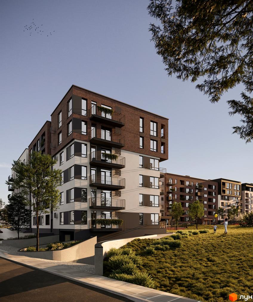 Житловий комплекс Roksolana. Сучасна архітектура з цегляним фасадом та балконами, зелена прибудинкова територія з дитячим майданчиком.