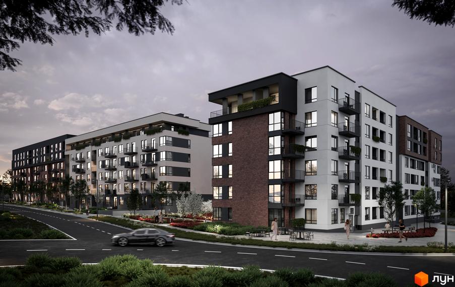Зовнішній вигляд новобудови ЖК Roksolana з цегляними та білими фасадами, балконами та панорамними вікнами. Прибудинкова територія з деревами, зонами відпочинку та дорогою.