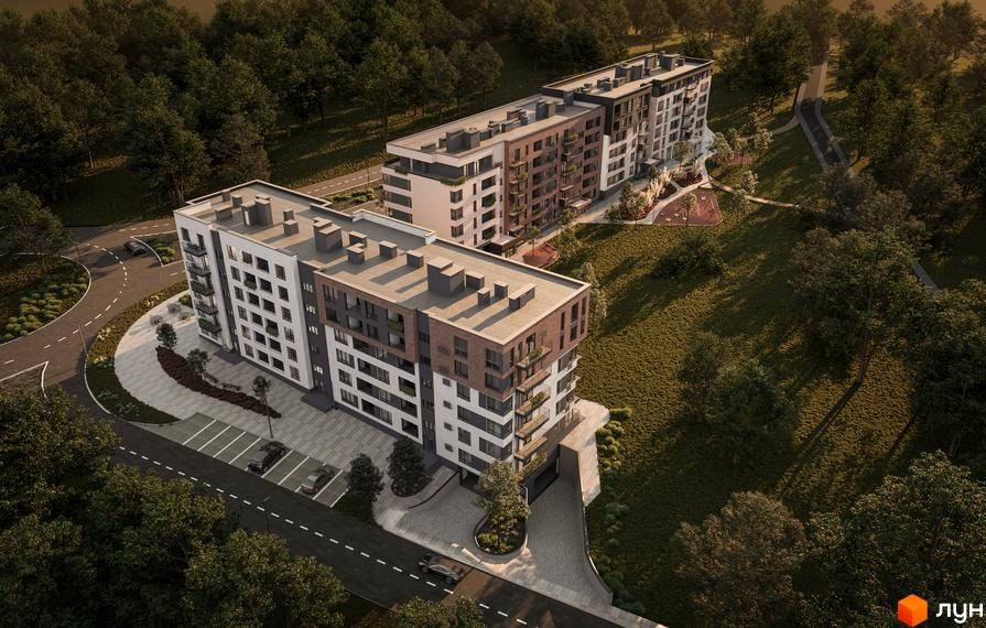 Житловий комплекс Roksolana з біло-сірими фасадами та цегляними вставками, розташований серед зеленої зони з доглянутою прибудинковою територією та парковкою.