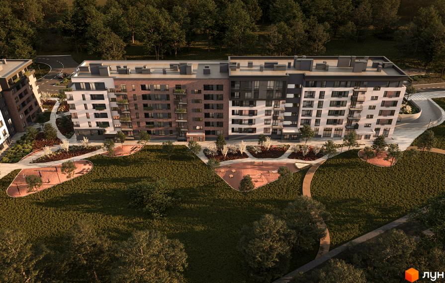 Житловий комплекс Roksolana з багатоповерховими будинками, що мають цегляні та світлі фасади. Прибудинкова територія облаштована газонами, деревами та дитячими майданчиками.