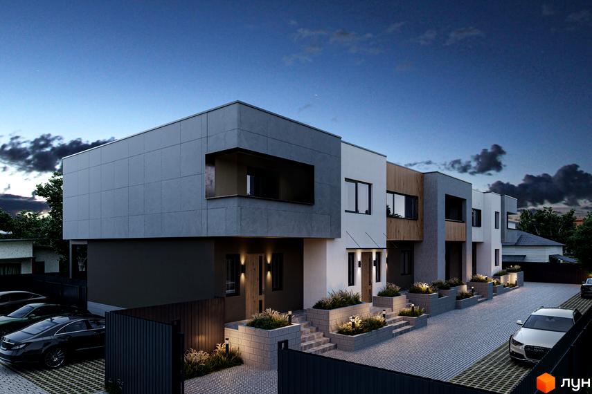 Таунхаус Maple Town з багаторівневими фасадами та великими вікнами. Прибудинкова територія має сходи, озеленення та парковку.