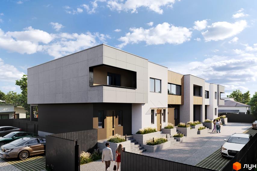 Зовнішній вигляд таунхаусів Maple Town з фасадами в світлих тонах. На території комплексу є парковка та доглянутий ландшафт.