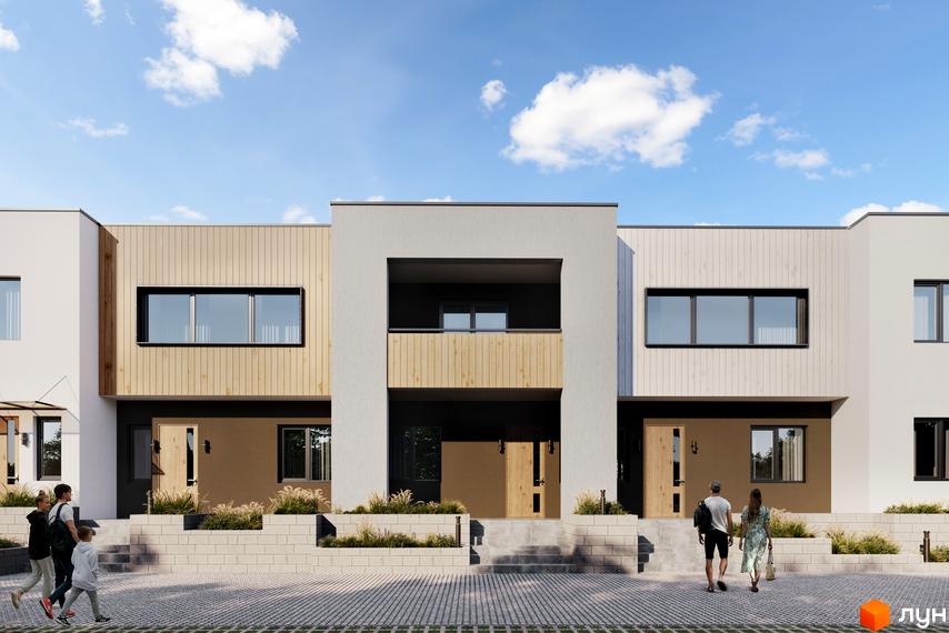 Фасад таунхаусів Maple Town з деревʼяним оздобленням та великими вікнами. На передньому плані – бруківка та зелені насадження.