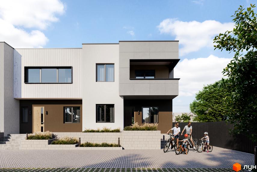 Зображення фасаду будинку житлового комплексу Maple Town з сірим та білим оздобленням. На передньому плані – бруківка та сім'я на велосипедах.