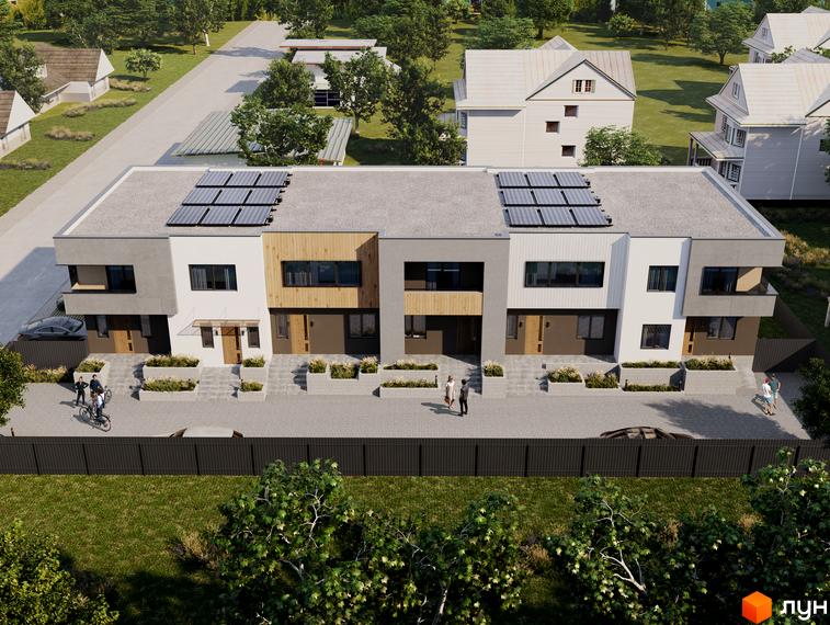 Житловий комплекс Maple Town: ряд будинків з сонячними панелями на даху, перед будинками викладена бруківка, огороджена територія з зеленими насадженнями.