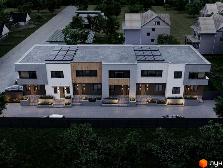 Зображення житлового комплексу Maple Town. Будинки з плоским дахом, сонячними панелями та світлою обробкою фасадів. Перед будинками викладена бруківка, є зелені насадження.