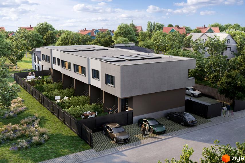Зображення таунхаусів Maple Town. Будинки з плоским дахом, панорамними вікнами та терасами. На території є парковка, зелені насадження та зона відпочинку.