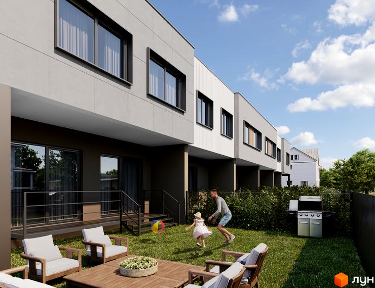 Зображення таунхаусів Maple Town з терасами та газонами, що створюють атмосферу затишку. На території комплексу передбачені зони відпочинку та барбекю.