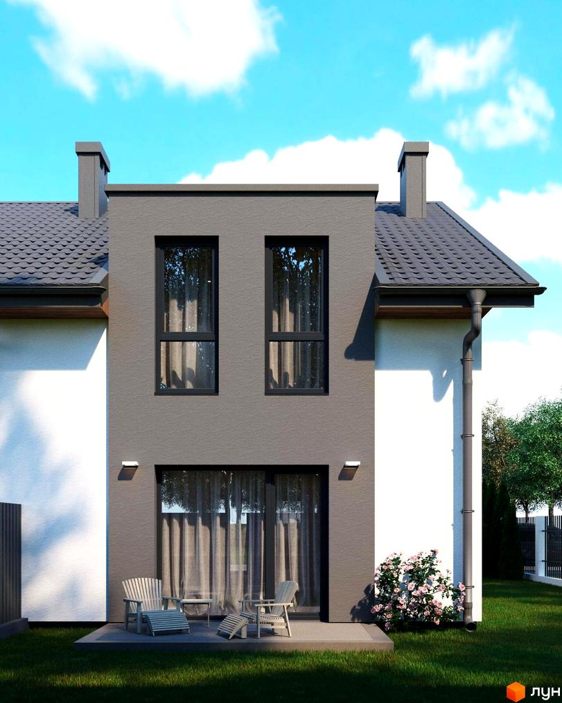 Зовнішній вигляд будинку таунхауса Sttk #10 з двома вікнами та скляними дверима, поруч газон та квіти.