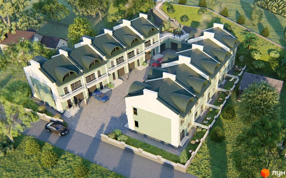 Таунхауси Гаї Гречинські: зелені дахи, білі фасади та затишні дворики з місцями для відпочинку. Комплекс розташований серед дерев, з брукованими доріжками та парковками.