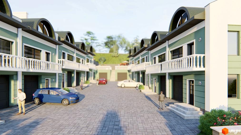 Таунхауси „Гаї Гречинські“: зелені фасади, білі балюстради та індивідуальні гаражі. Прибудинкова територія з бруківкою та автомобілями.