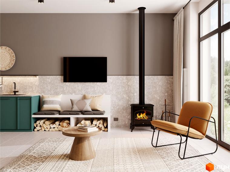 AMA FAMILY RESORT: затишна вітальня з каміном та зручним кріслом, ідеальне місце для відпочинку.