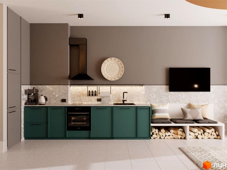 Інтер'єр кухні з темно-зеленими фасадами та дерев'яними полінами під сидінням. AMA FAMILY RESORT - це сучасний житловий комплекс для вашої родини.