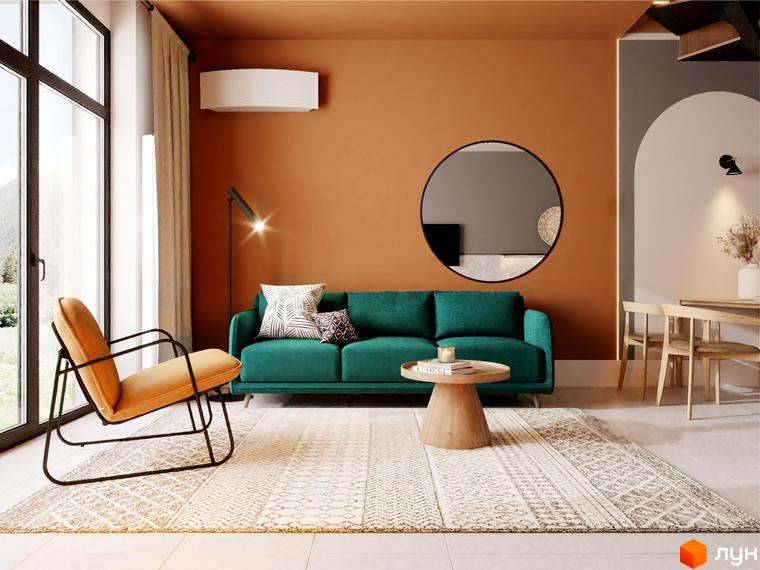 Інтер'єр вітальні з бірюзовим диваном, жовтим кріслом та круглим дзеркалом. AMA FAMILY RESORT - новобудова для вашого комфорту.