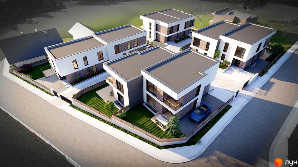 Зображення житлового комплексу з білими фасадами, плоскими дахами та цегляними вставками. На території є газон, парковка та доріжки.