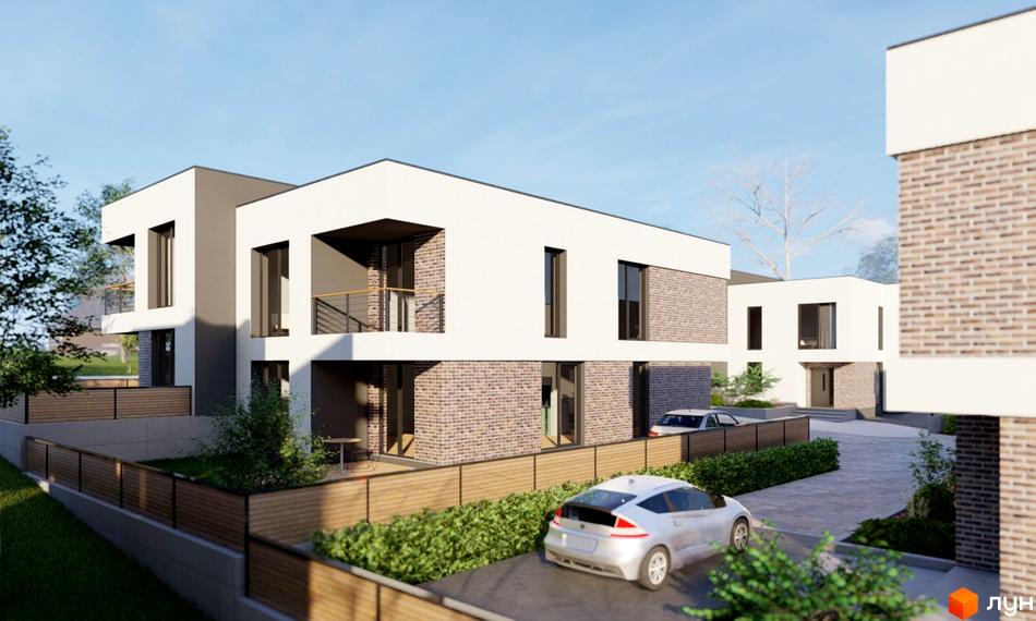 Зображення сторінки житлового комплексу з білими фасадами та цегляною кладкою. На території є парковка та зелені насадження.