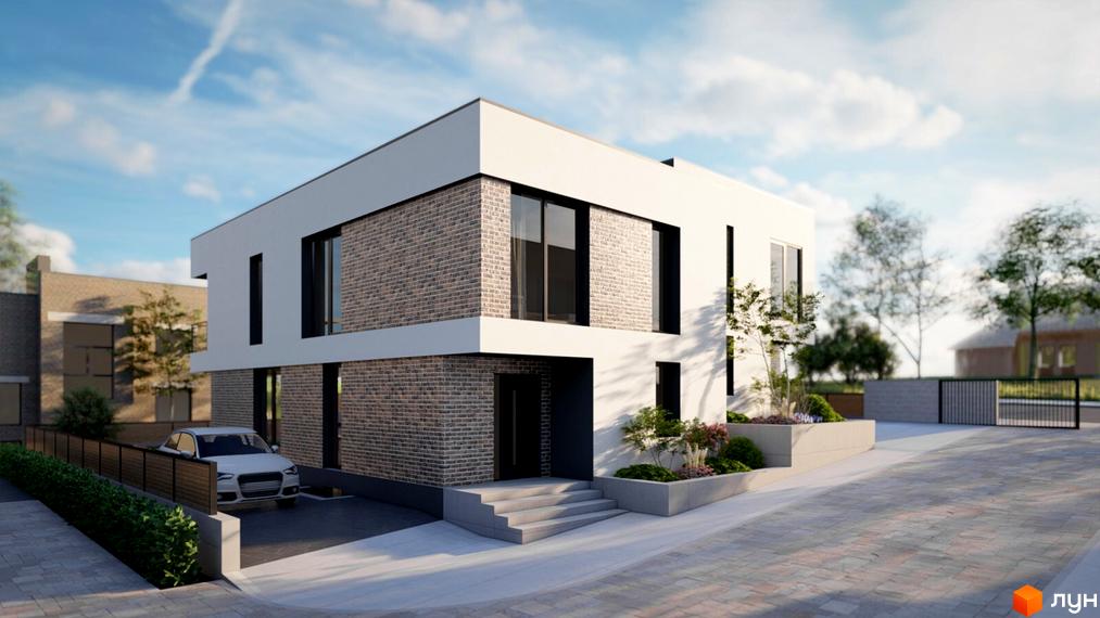 Двоповерховий будинок з білим та цегляним фасадом, великими вікнами. На території є під'їзд, автомобіль та озеленення.