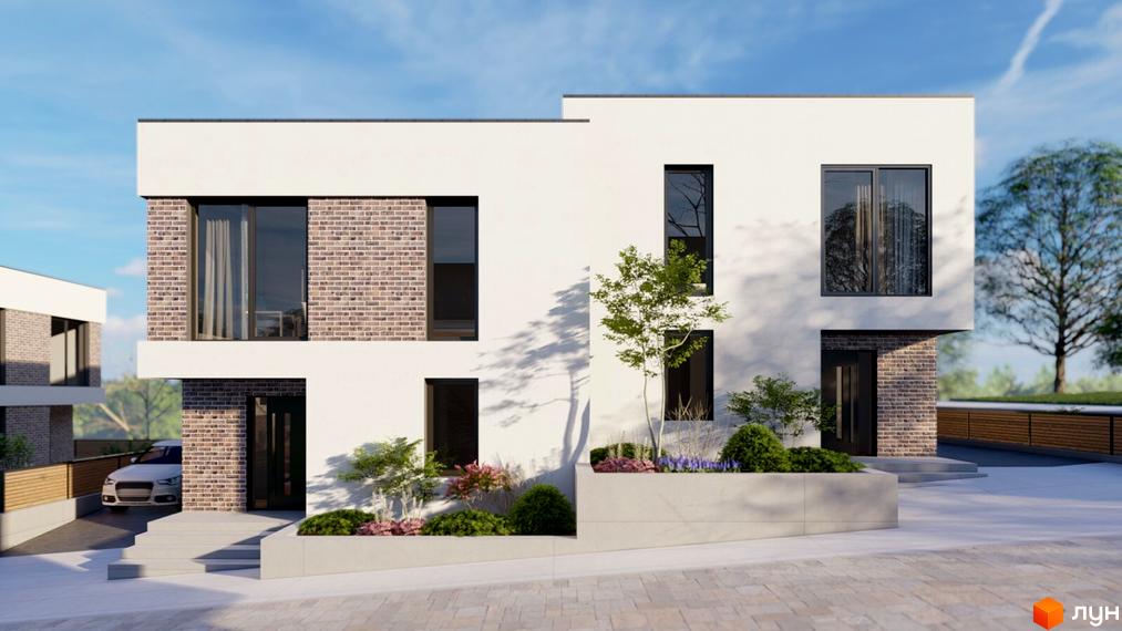Зображення будинку житлового комплексу з білими стінами, темними вікнами та цегляними вставками. Перед будинком розташовані рослини та доріжка.