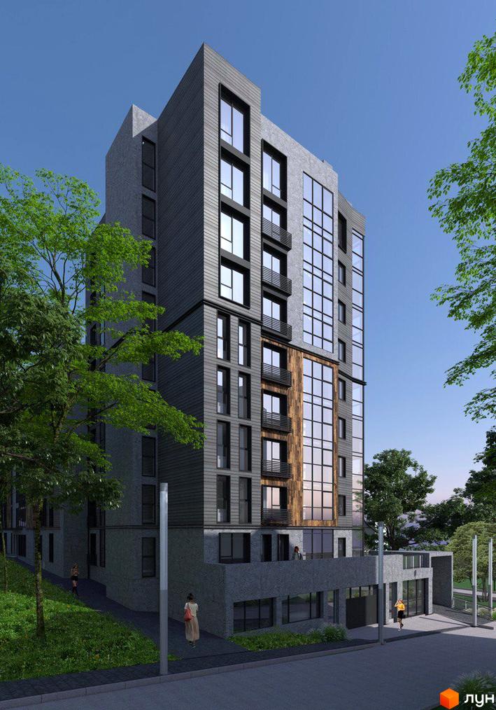 Зображення фасаду багатоповерхового будинку Житлового комплексу Фордевінд з великими вікнами та прибудинковою територією з деревами.